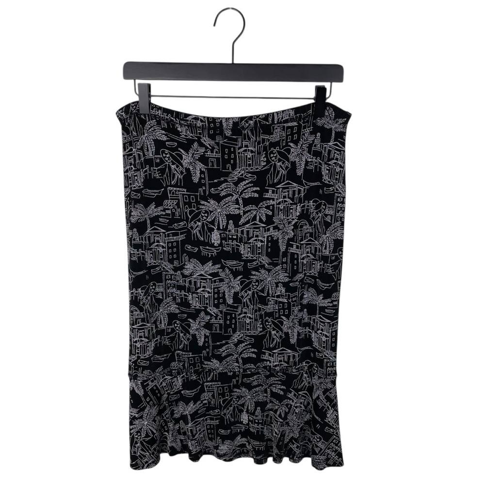 Vintage Chico's Travelers Black Printed Midi Skirt Size 0 Small Flared Ruffle